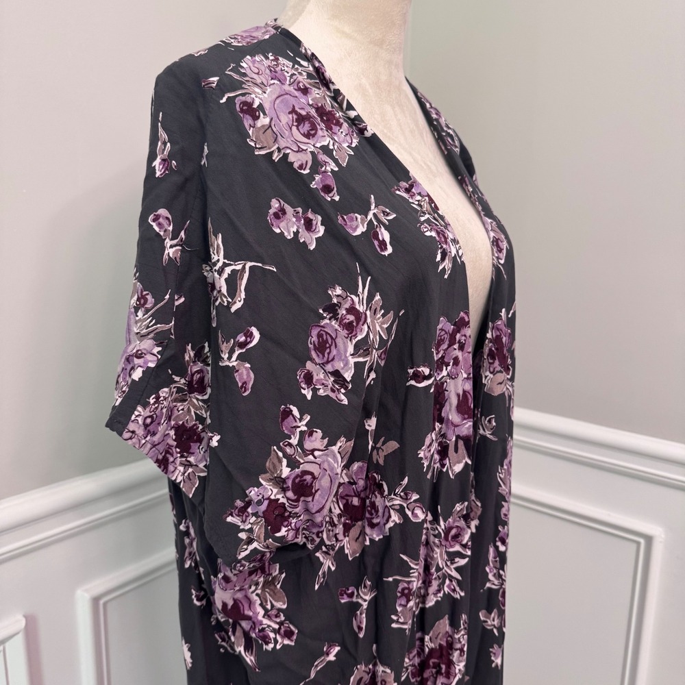 Womens Floral Open Front Kimono Wrap Purple Rose Oversized Cardigan Cover Up - Picture 5 of 12